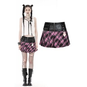 KW286-Punk-Metal-PU-Pink-Plaid-Bear-Mini-Skirt-Front